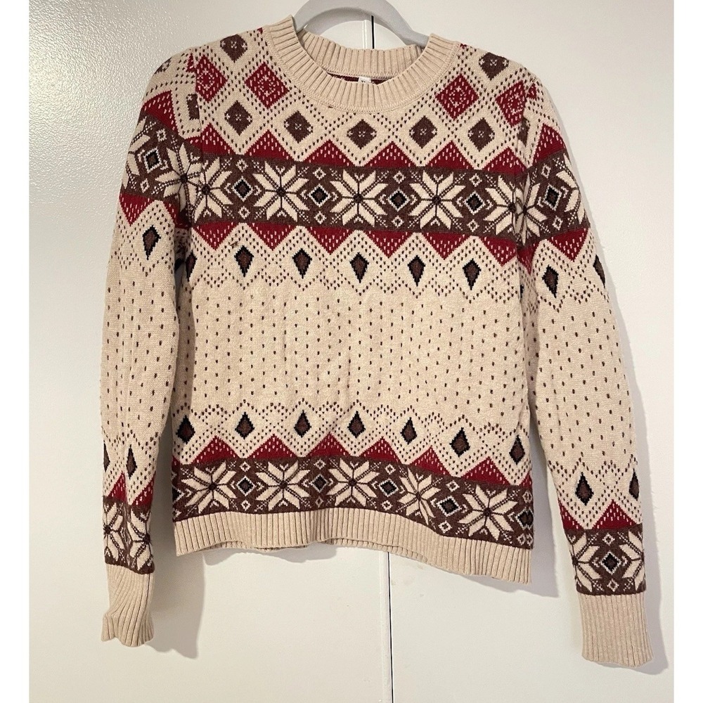 Women's Nordic Snowflake Design Sweater XL Soft Tan Red Brown Academia Preppy